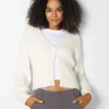 BERSHKA Maille*Gilet manches longues col V fausse fourrure Blanc