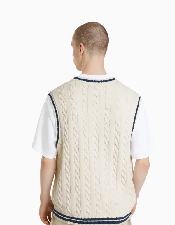 BERSHKA Vêtements*Gilet sans manches maille brodé Écru