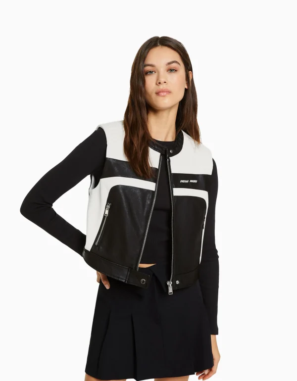 BERSHKA Vestes*Gilet sans manches racing similicuir Noir