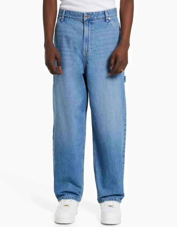 BERSHKA Vêtements*Jean baggy carpenter Blanc cassé