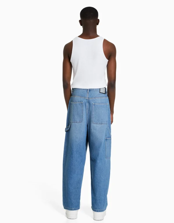 BERSHKA Vêtements*Jean baggy carpenter Blanc cassé