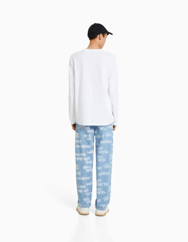 BERSHKA Vêtements*Jean baggy imprimé Bleu lavé