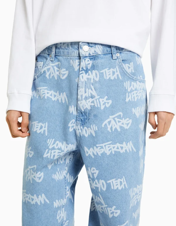 BERSHKA Vêtements*Jean baggy imprimé Bleu lavé