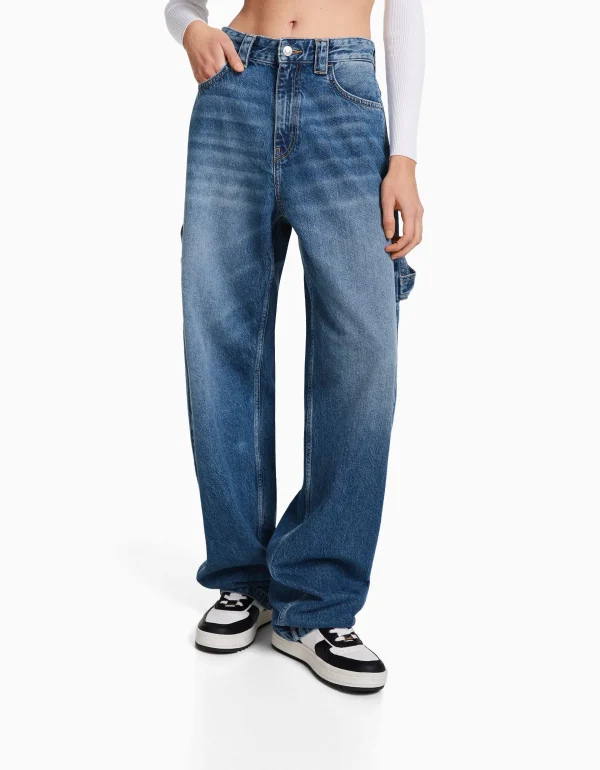 BERSHKA Vêtements*Jean balloon carpenter wide leg détail Bleu lavé