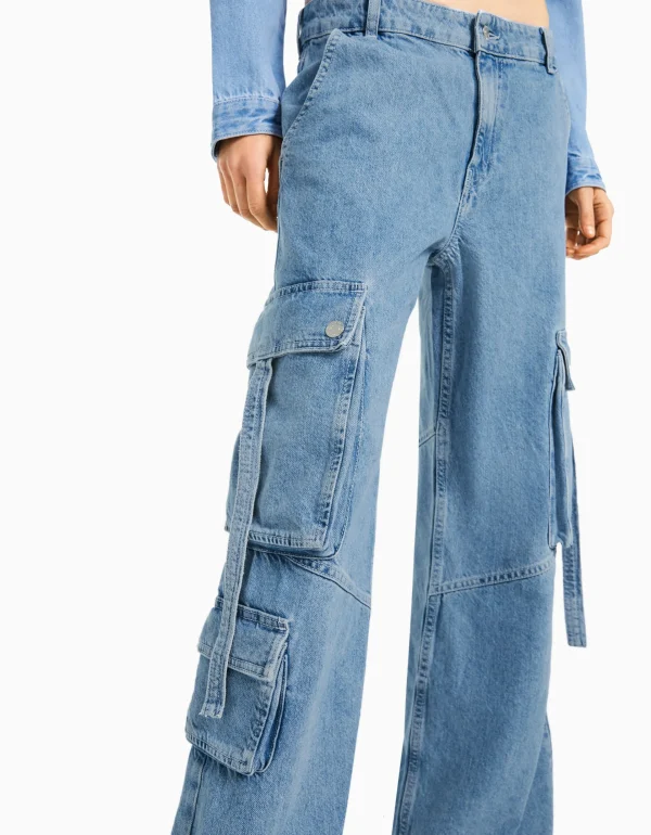 BERSHKA Vêtements*Jean cargo multipoches Bleu lavé