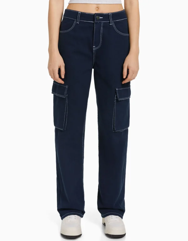 BERSHKA Jeans*Jean cargo straight Bleu lavé