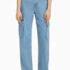 BERSHKA Jeans*Jean cargo straight Bleu lavé