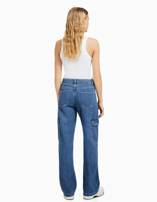 BERSHKA Jeans*Jean cargo straight Bleu lavé