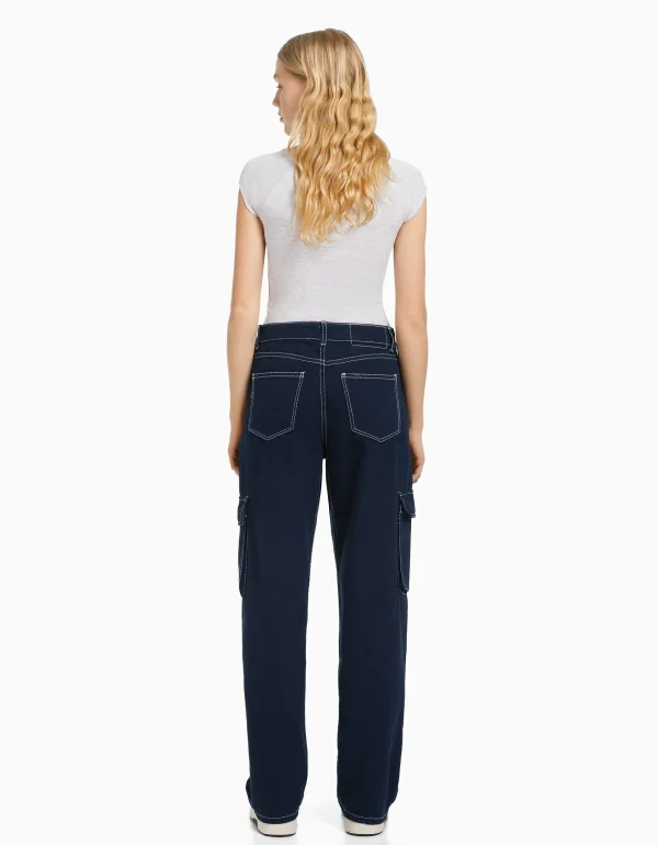 BERSHKA Jeans*Jean cargo straight Bleu lavé