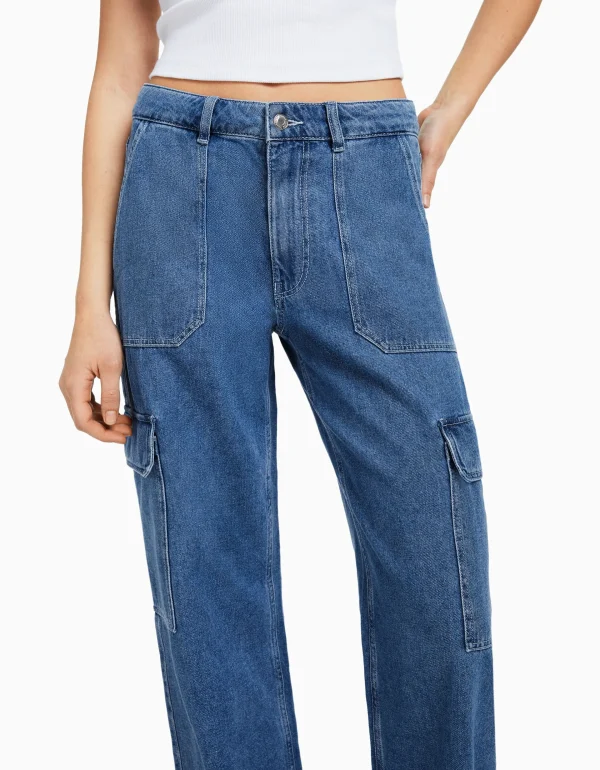 BERSHKA Jeans*Jean cargo straight Bleu lavé