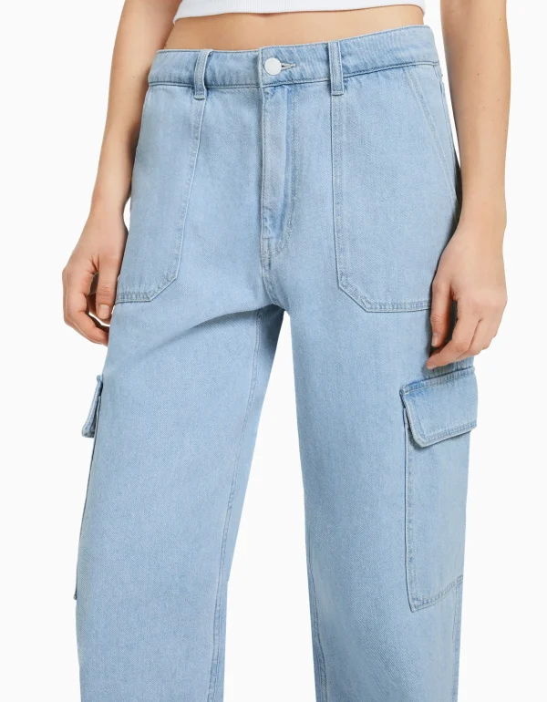 BERSHKA Jeans*Jean cargo straight Bleu lavé