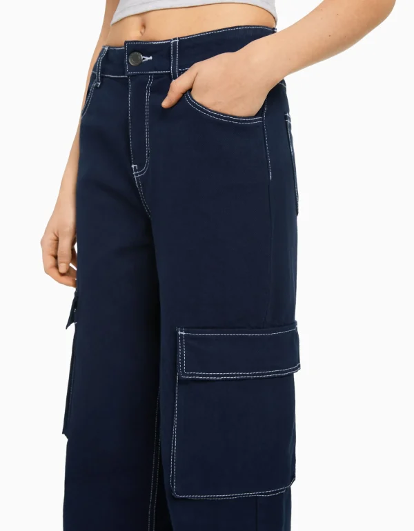 BERSHKA Jeans*Jean cargo straight Bleu lavé