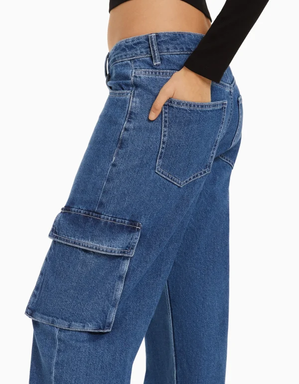 BERSHKA Jeans*Jean cargo straight Bleu lavé