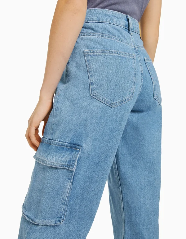 BERSHKA Jeans*Jean cargo straight Bleu lavé