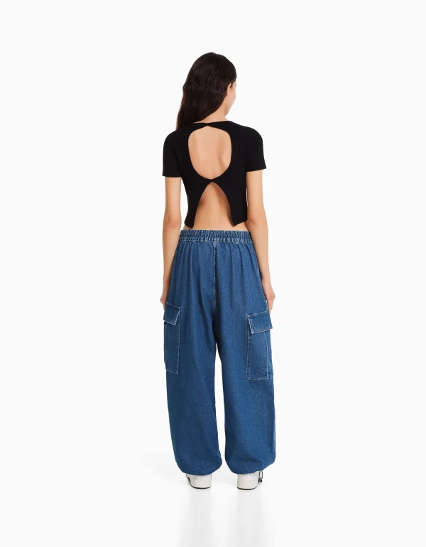 BERSHKA Vêtements*Jean cargo volume Bleu lavé