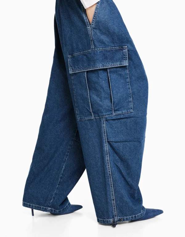 BERSHKA Jeans*Jean cargo volume Bleu lavé