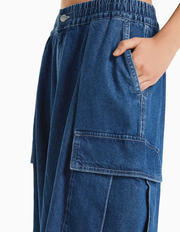 BERSHKA Vêtements*Jean cargo volume Bleu lavé