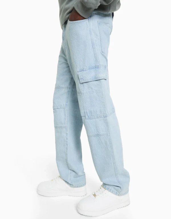 BERSHKA Vêtements*Jean cargo wide Bleu clair