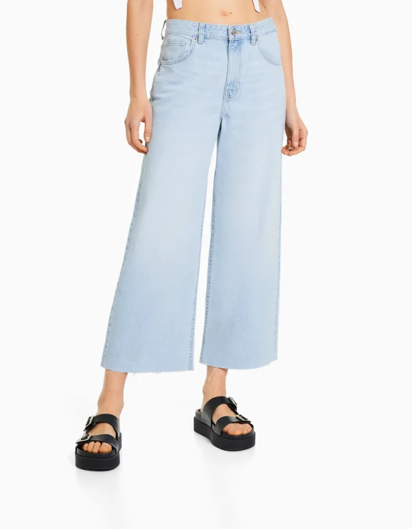 BERSHKA Jeans*Jean cropped wide leg Bleu clair