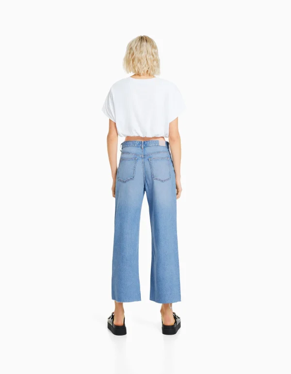 BERSHKA Jeans*Jean cropped wide leg Bleu clair