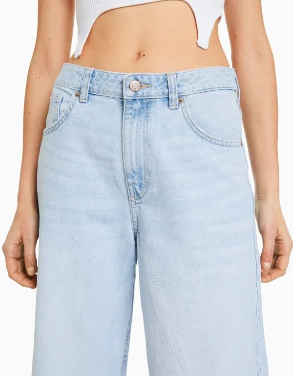 BERSHKA Jeans*Jean cropped wide leg Bleu clair