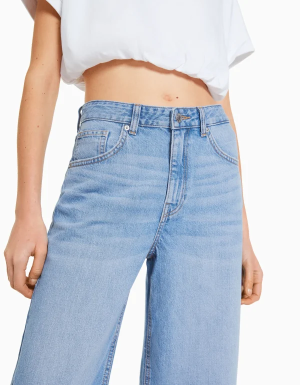 BERSHKA Jeans*Jean cropped wide leg Bleu clair