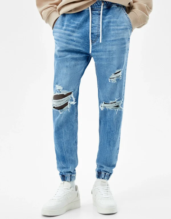 BERSHKA Pantalons et jeans*Jean jogger déchiré Bleu