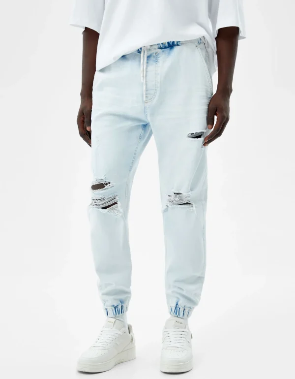 BERSHKA Pantalons et jeans*Jean jogger déchiré Bleu