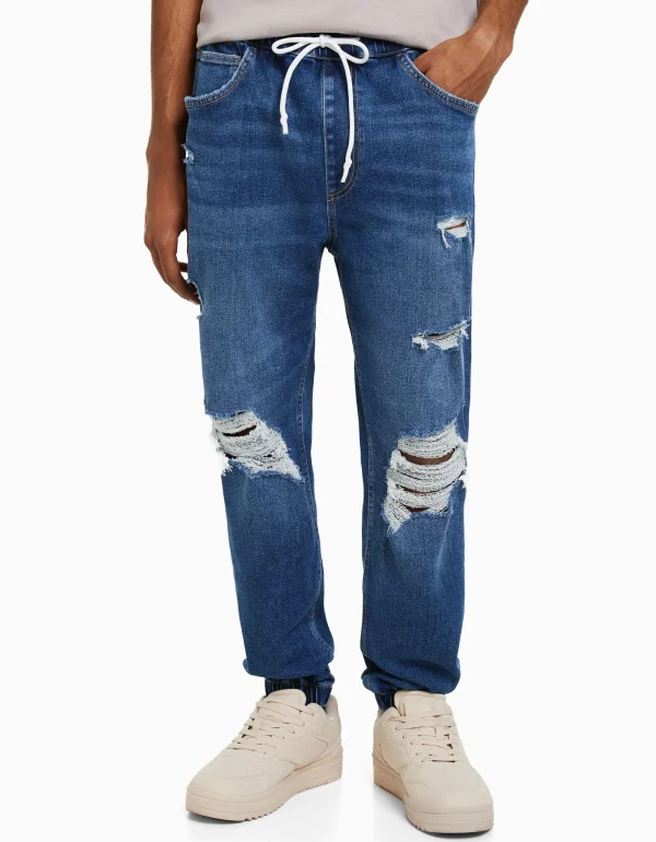 BERSHKA Jeans*Jean jogger déchiré Bleu