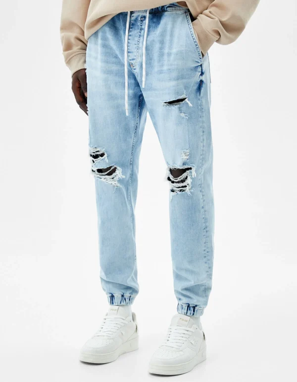 BERSHKA Pantalons et jeans*Jean jogger déchiré Bleu