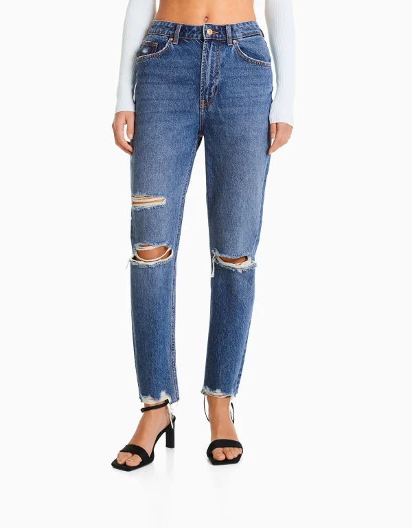 BERSHKA Jeans*Jean mom déchiré Bleu