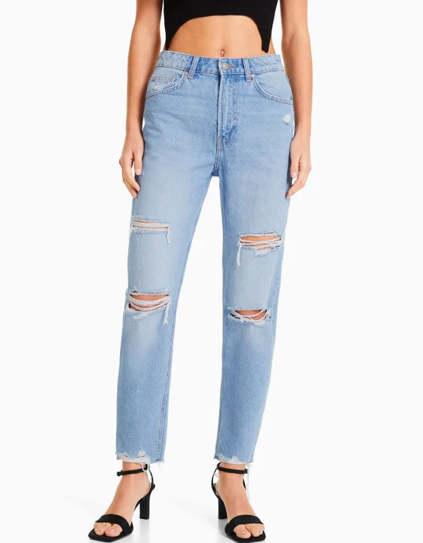 BERSHKA Jeans*Jean mom déchiré Bleu