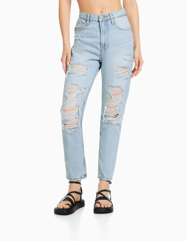 BERSHKA Jeans*Jean mom déchiré Bleu lavé