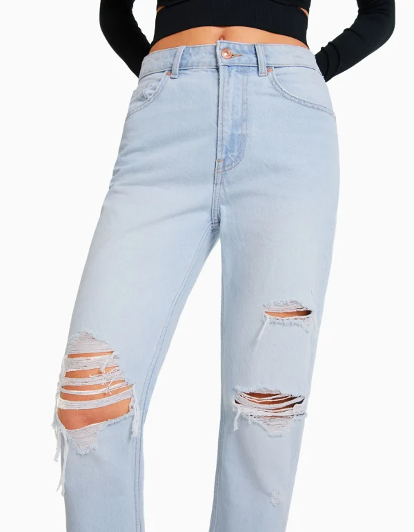 BERSHKA Jeans*Jean mom déchiré Bleu