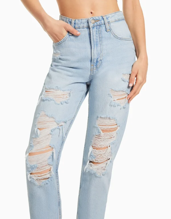 BERSHKA Jeans*Jean mom déchiré Bleu lavé