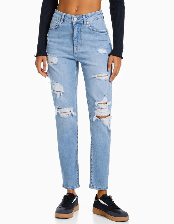 BERSHKA Jeans*Jean mom décontracté déchiré Bleu