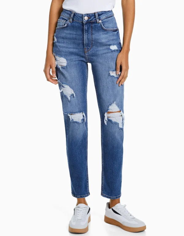 BERSHKA Jeans*Jean mom décontracté déchiré Bleu