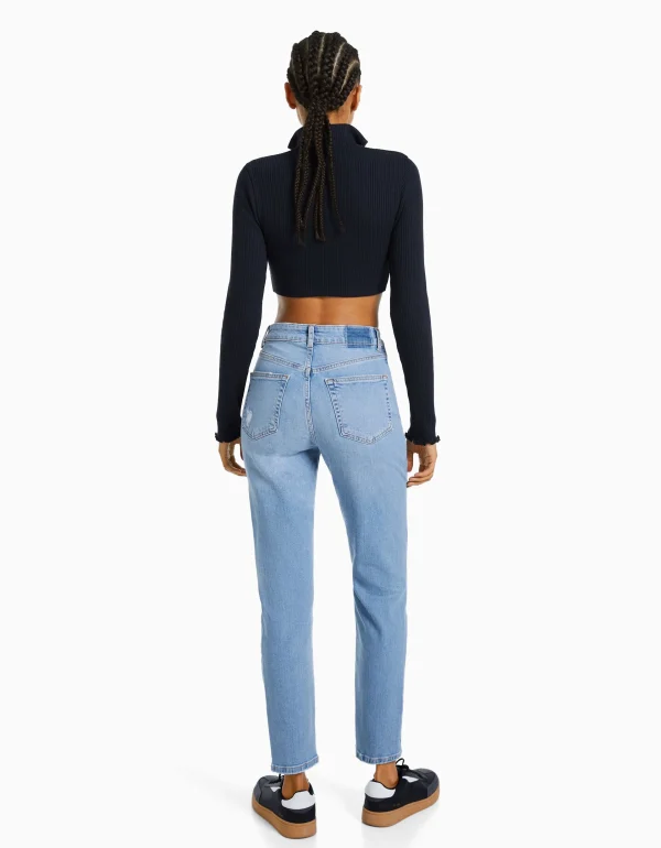 BERSHKA Jeans*Jean mom décontracté déchiré Bleu