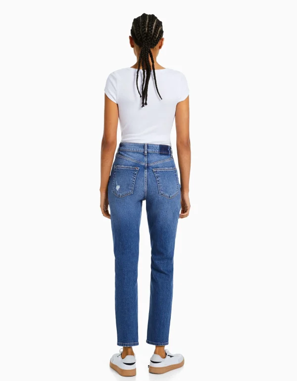 BERSHKA Jeans*Jean mom décontracté déchiré Bleu