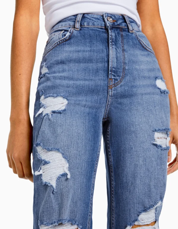 BERSHKA Jeans*Jean mom décontracté déchiré Bleu