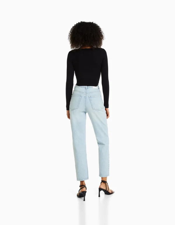 BERSHKA Jeans*Jean mom slim décontracté Bleu lavé