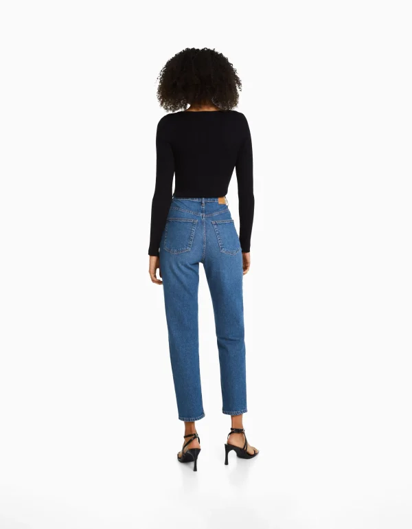 BERSHKA Jeans*Jean mom slim décontracté Bleu lavé