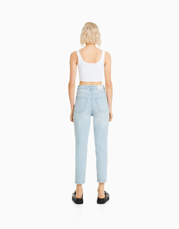 BERSHKA Jeans*Jean mom slim décontracté Bleu lavé