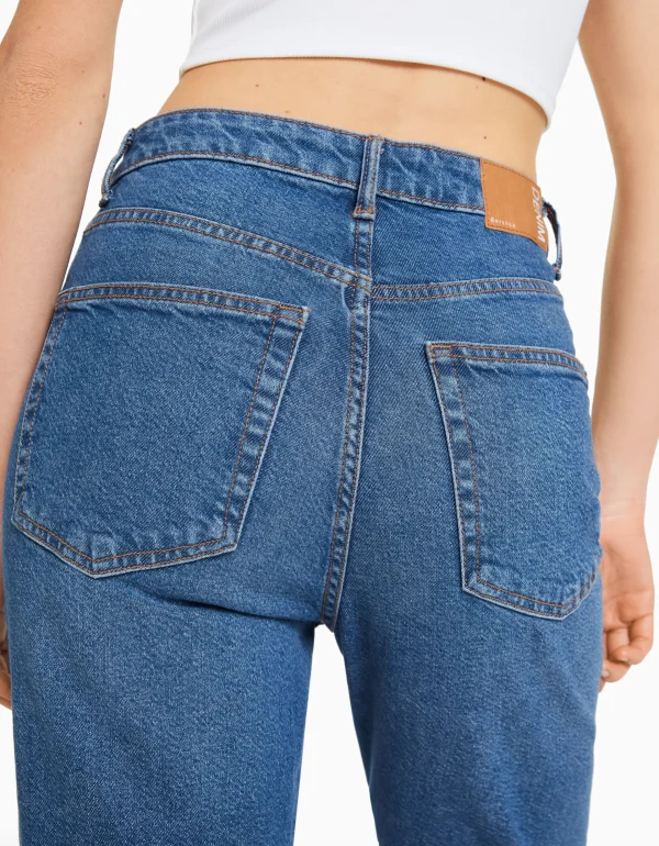 BERSHKA Jeans*Jean mom slim décontracté Bleu lavé