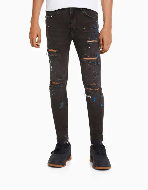 BERSHKA Jeans*Jean skinny déchirures taches de peinture Bleu lavé