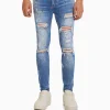 BERSHKA Jeans*Jean skinny déchirures taches de peinture Bleu lavé