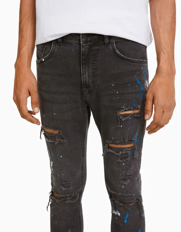 BERSHKA Jeans*Jean skinny déchirures taches de peinture Bleu lavé