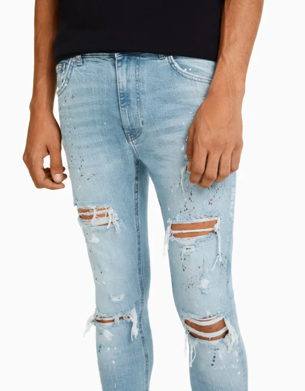 BERSHKA Jeans*Jean skinny déchirures taches de peinture Bleu lavé