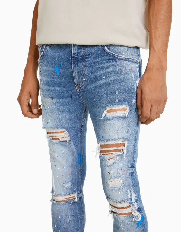 BERSHKA Jeans*Jean skinny déchirures taches de peinture Bleu lavé