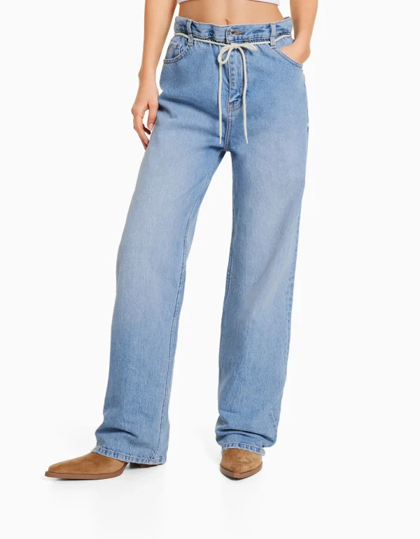 BERSHKA Vêtements*Jean straight taille élastique Bleu lavé